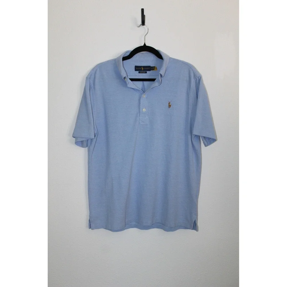 Ralph Lauren Mens Knit Oxford Polo Shirt Light Blue Short Sleeve Size L Pony